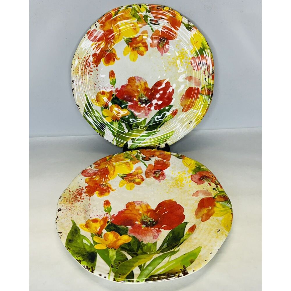 Pier 1 Imports Tropical Hibiscus Melamine 9” Plates Desert Salad‎ Bread Set Of 2